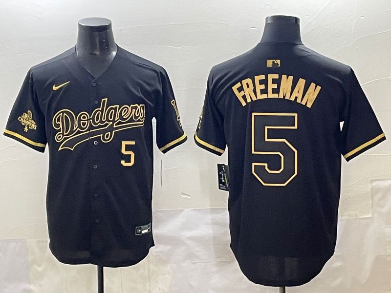 Men 2025 Los Angeles Dodgers 5 Freeman Black Gold Five generations Nike MLB Jersey style 3